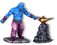 The Genie cannot be hurt by normal weapons and will only take damage from magical weapons or spells. A figure fighting with a non-magical weapon can still win a fight against the Genie, he just wont cause any damage. 